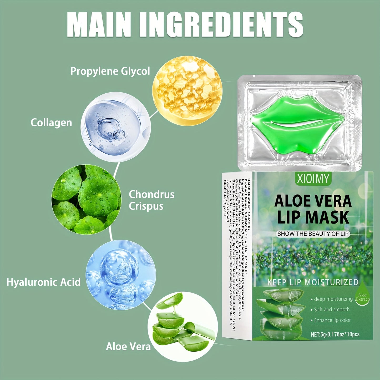 10 PCS Set Natural Aloe Vera & Collagen Lip Masks for Women - 30-Minute Deep Hydration, Plumping & Moisturizing with Aloe Essence, Collagen & Vitamin C, Soft Adhesive Film for Smooth Lips
