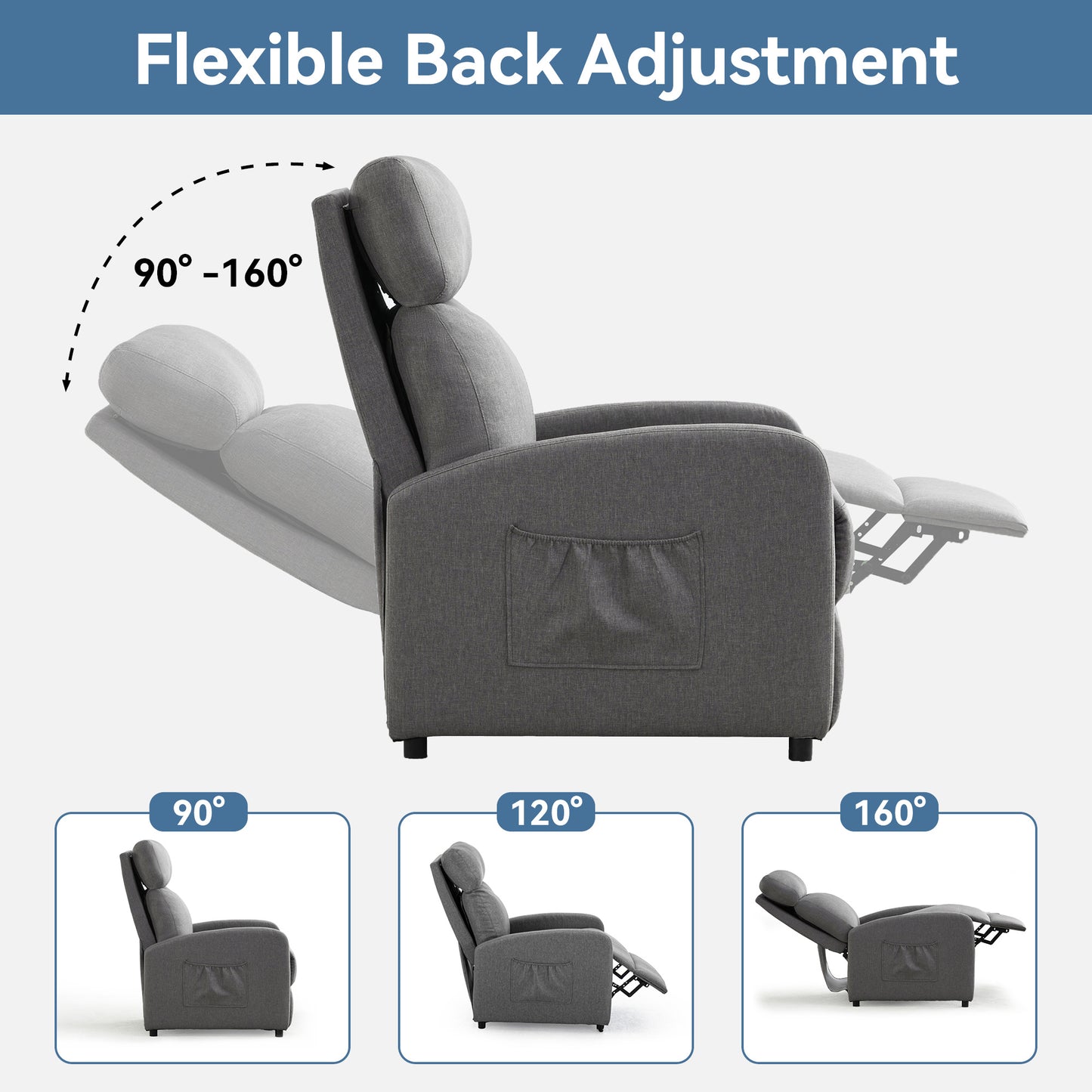 Push Back Recliner Chair Bed , Single Sofa with Lumbar Support, Padded Backrest, Side Pocket and Adjustable Leg Rest for Home Living Room