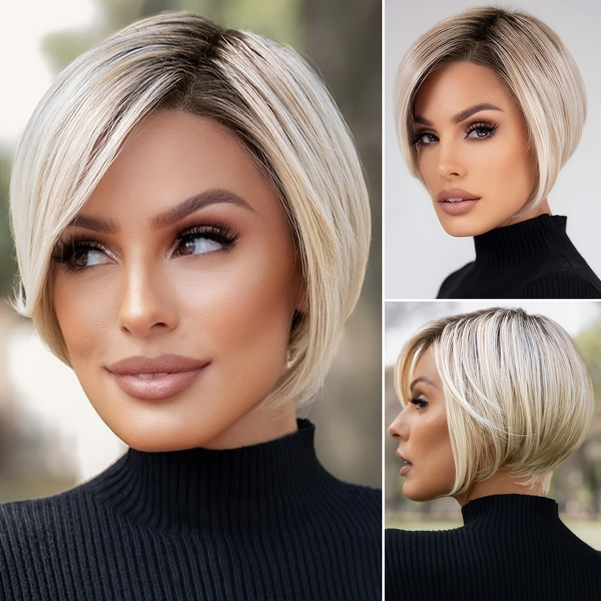 Bob Wigs with Bangs, Straight Hair Shot Wigs, Heat Resistant Fiber Synthetic Wigs for Women Daily Use, 30.48 cm, Unisex-adult, Rose Net Cap, 100% Density, High Temperature Fiber