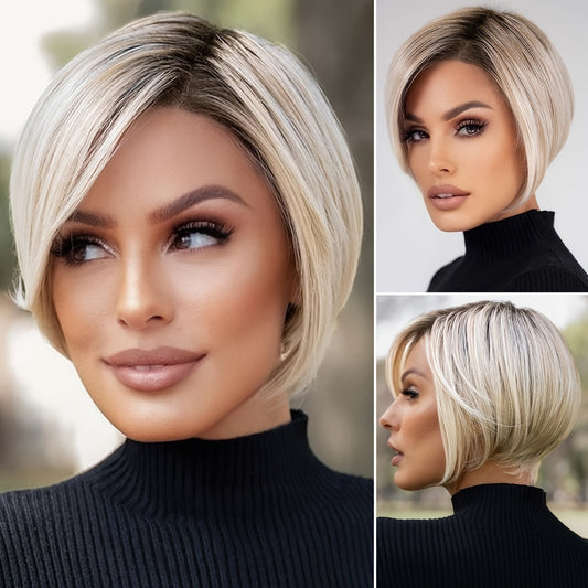 Bob Wigs with Bangs, Straight Hair Shot Wigs, Heat Resistant Fiber Synthetic Wigs for Women Daily Use, 30.48 cm, Unisex-adult, Rose Net Cap, 100% Density, High Temperature Fiber