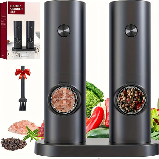 Electric Salt Pepper Grinder, Battery Powered Convenient (Batteries Not Included), Dual-Compartment Design with Base, Practical White LED Light, Coarse and Fine Adjustment, One-Click Operation, Black Durable