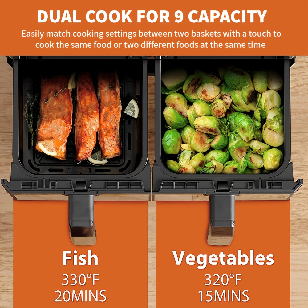 Top Quality Air Fryer, New 9L LED Large Capacity Dual Zone Digital Air Fryer Oven Pot - 2400W, Oil-Free Low-Fat Healthy Cooking, Multi-Functional, Easy to Use, Space-Saving Design for Home Kitchen, Multi-Pot Roasting, Baking,