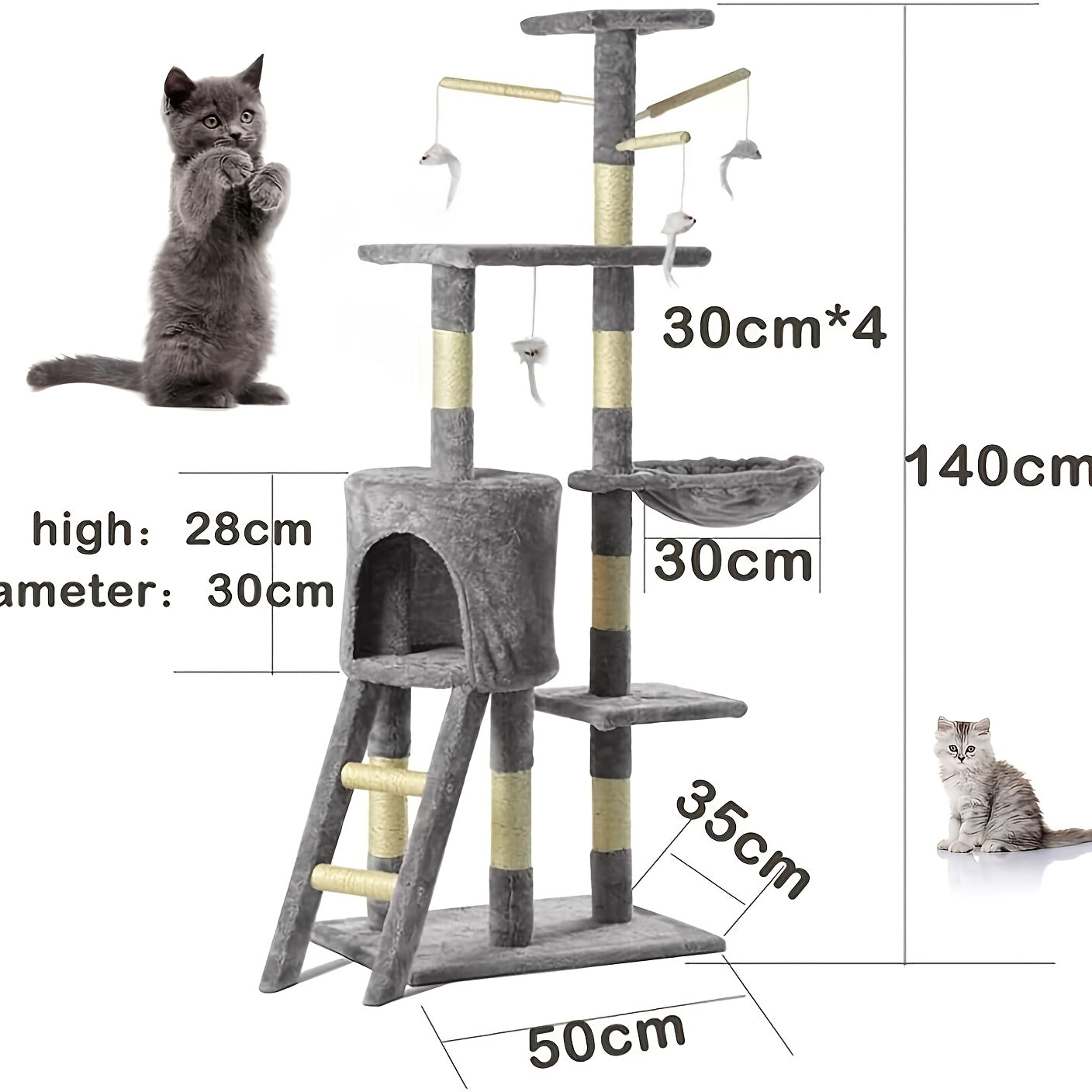 Cat Tree 145cm Stable Cat Scratching Post For Cats Multi-Level Cat Climbing Tower With Posts Fully Wrapped In Suitable Houses For Kitty Kitten Play Scratching Post Stable Sleeping Playing Lounging Indoor