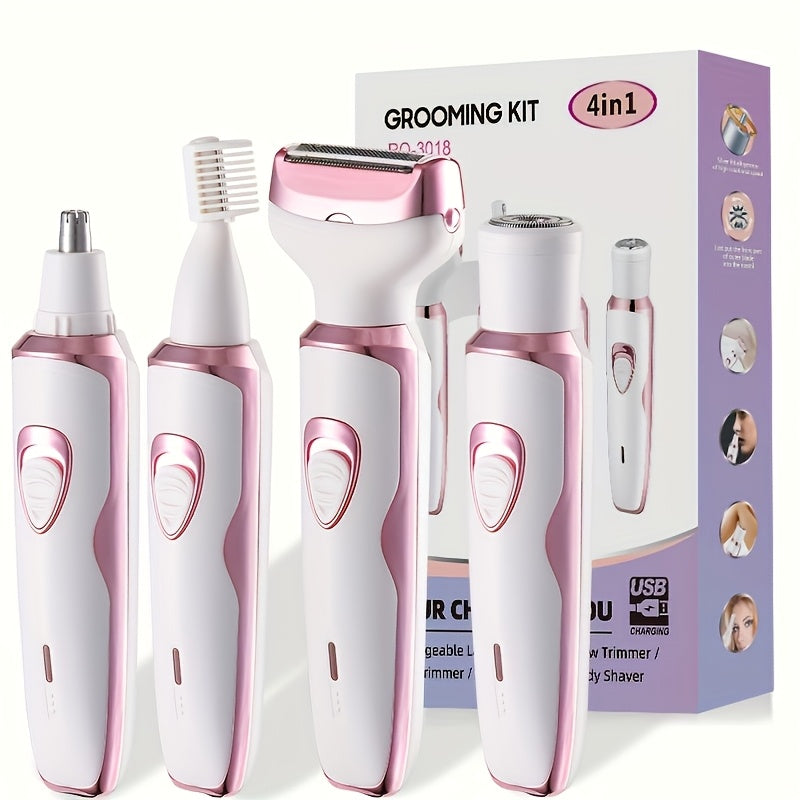 4 PCS Set Electric Razor For Women,  Rechargeable grooming kit, Lady Electric Shaver For Face, Nose, Legs And Underarm, Bikini Area Trimmer For Women Painless, Hair Razor Rechargeable & Portable