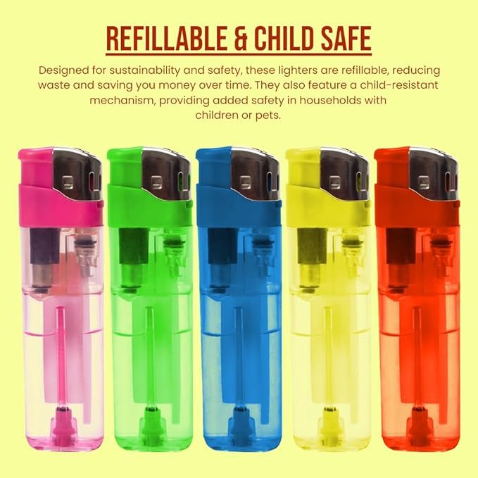 50 PCS Set Electronic Refillable Lighters with Adjustable Flame – Bulk Pack of Gas Lighters with Electronic Ignition – Multi-Purpose Lighters for Home, Kitchen, Candles, BBQ, Camping & Outdoor Use