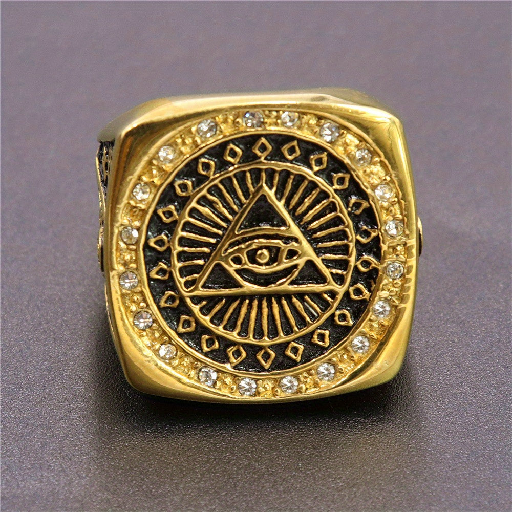 Illuminati Secret Society Men's Fashion Ring, Freemason All-Seeing Eye Design, 304L Stainless Steel Material, Hypoallergenic, Suitable for Daily Wear, Parties, and Ceremonies