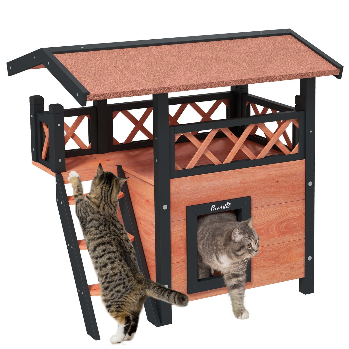 Outdoor Cat House Kitten Shelter Puppy Kennel with Balcony Stairs Asphalt Roof, 77 x 50 x 73 cm