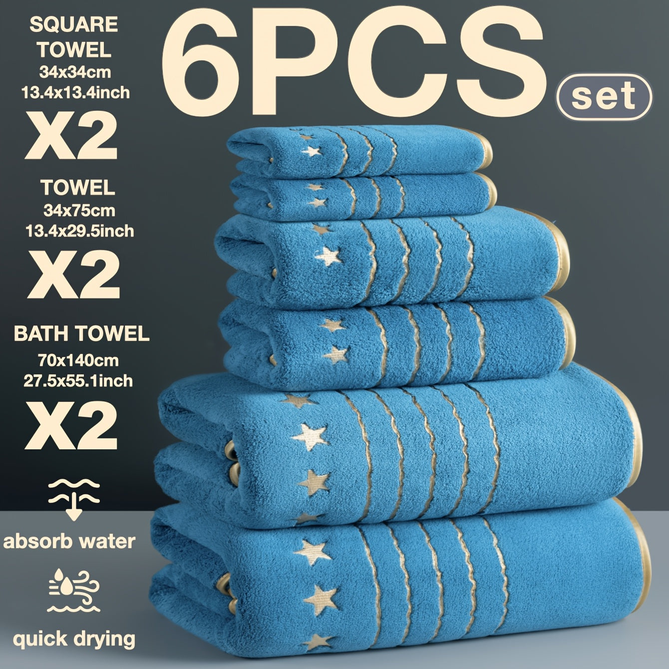 4/6-PCS Set Ultra-Soft Golden Thread Light Luxury Five-Star Embroidered Towel Bath Towel Set, 2 Bath Towels 69.85 X 139.95 cm, 2 Hand Towels 34.04 X 74.93 cm, 2 Washcloths 34.04 X 34.04 cm, Perfect for Home, Hotel, and Spa Us