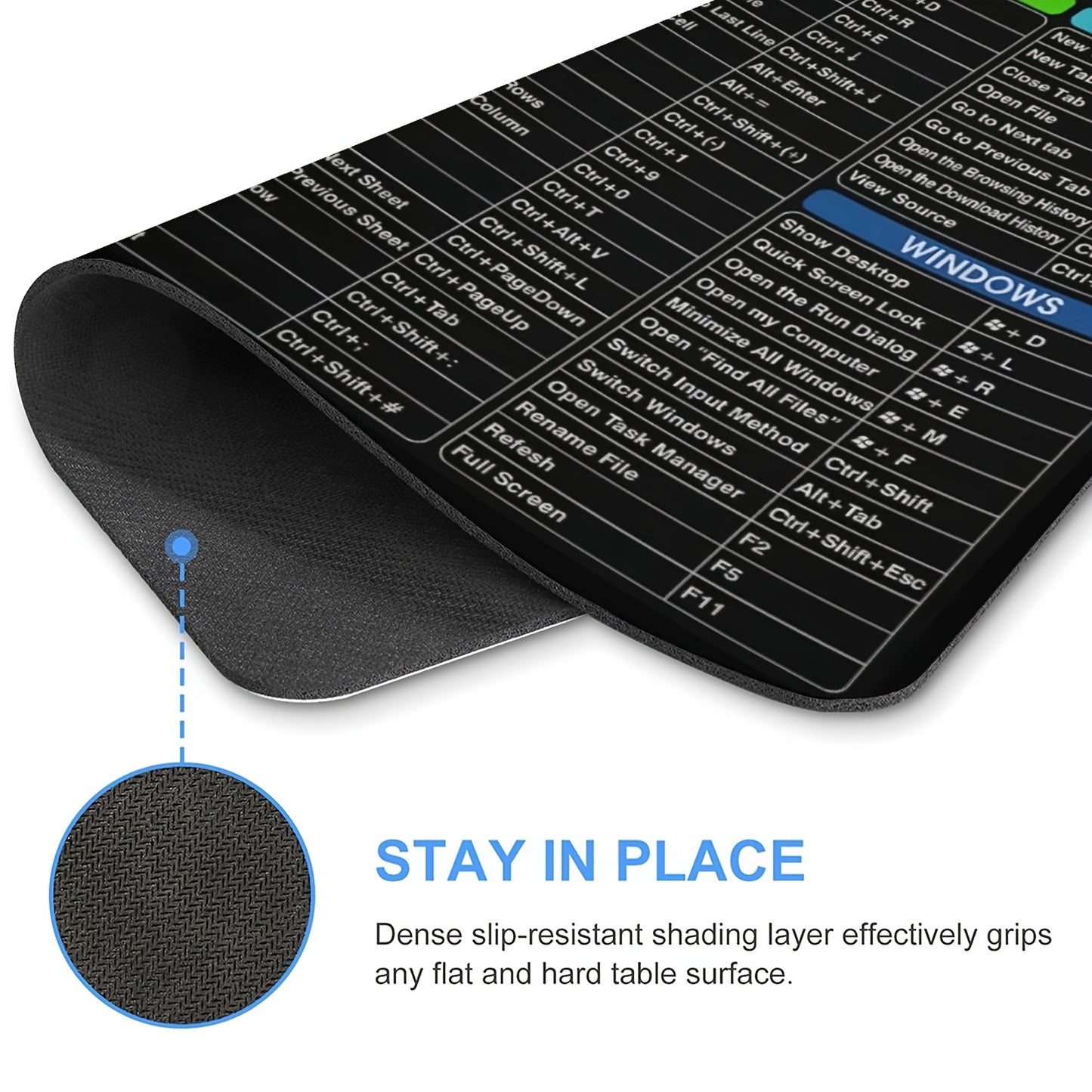Ergonomic Non-Slip Rubber Mouse Pad with Windows Shortcuts - Rectangle Office Gaming Mouse Mat, Durable & Comfortable, Ideal for Computer & Laptop, 24.13X20.07 cm