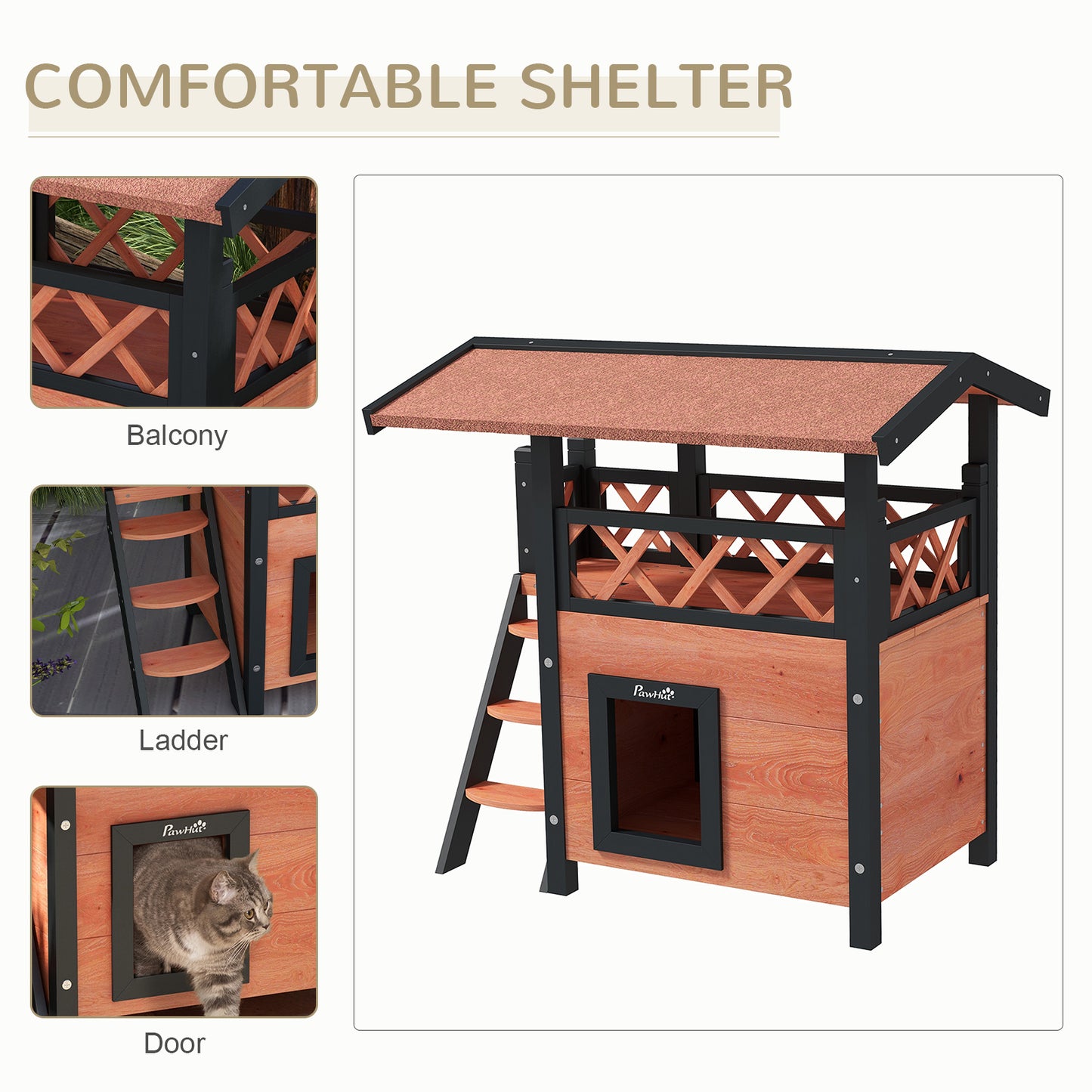 Outdoor Cat House Kitten Shelter Puppy Kennel with Balcony Stairs Asphalt Roof, 77 x 50 x 73 cm