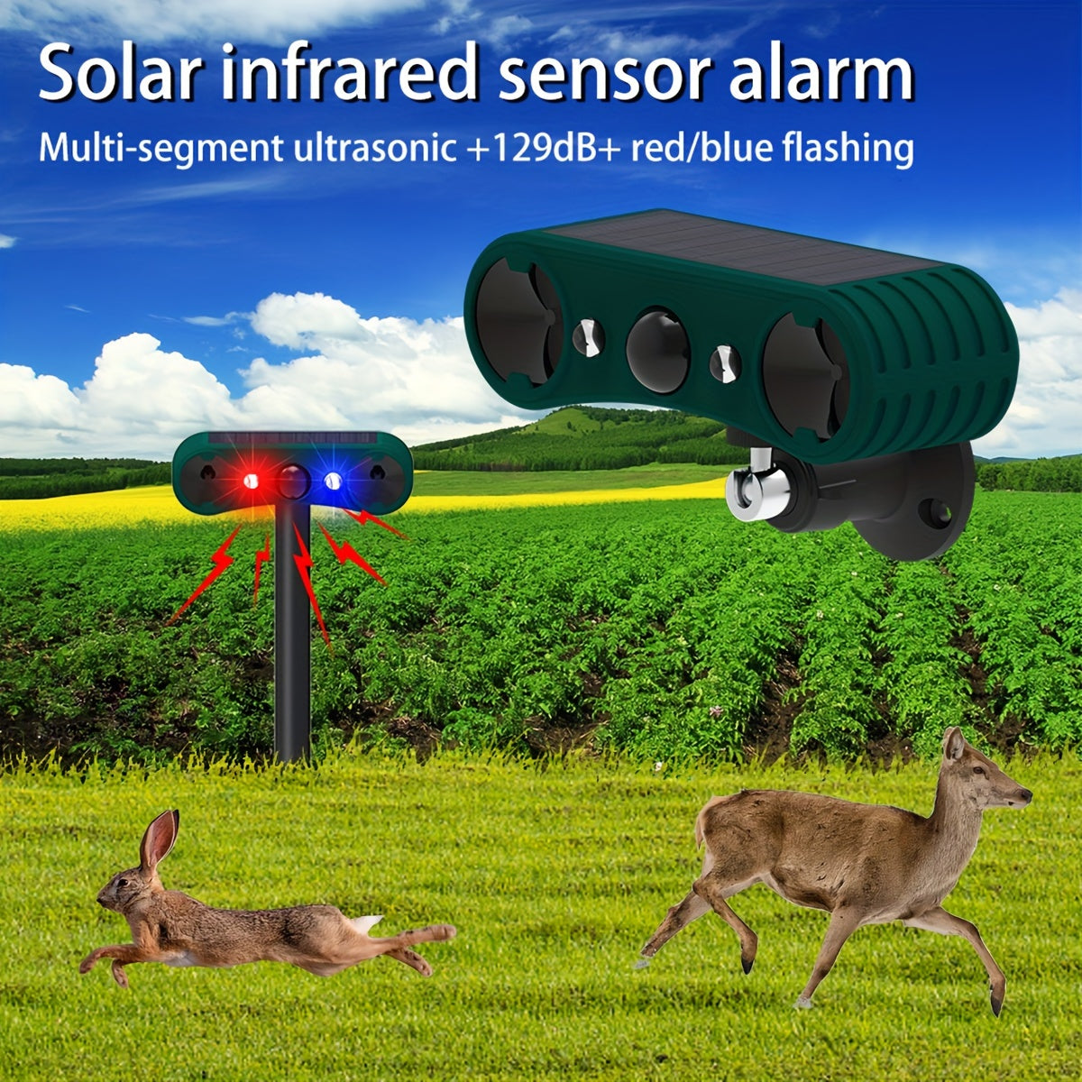 Upgraded Ultrasonic Solar Animal Repellent with Infrared Induction Alarm, 129dB High Frequency Motion Detector & Sensor, Red/Blue Flashing Light Home Farm Garden Powered Repellent