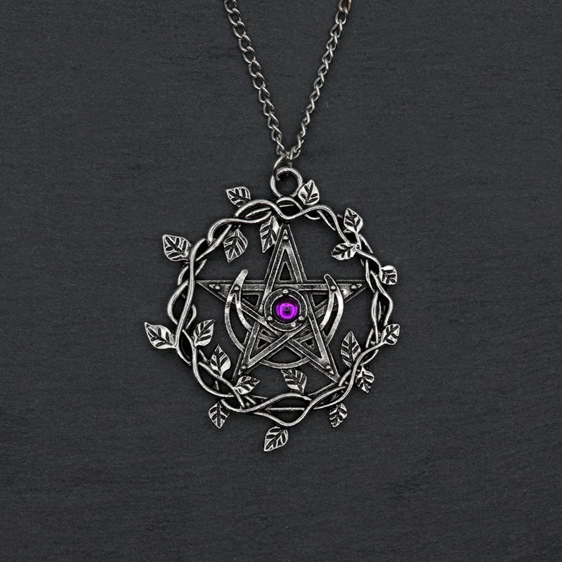 Vintage Pentagram Leaf Mosaic Purple Gemstone Pendant Necklace Women Fashion Wedding Party Gothic Jewelry Gifts