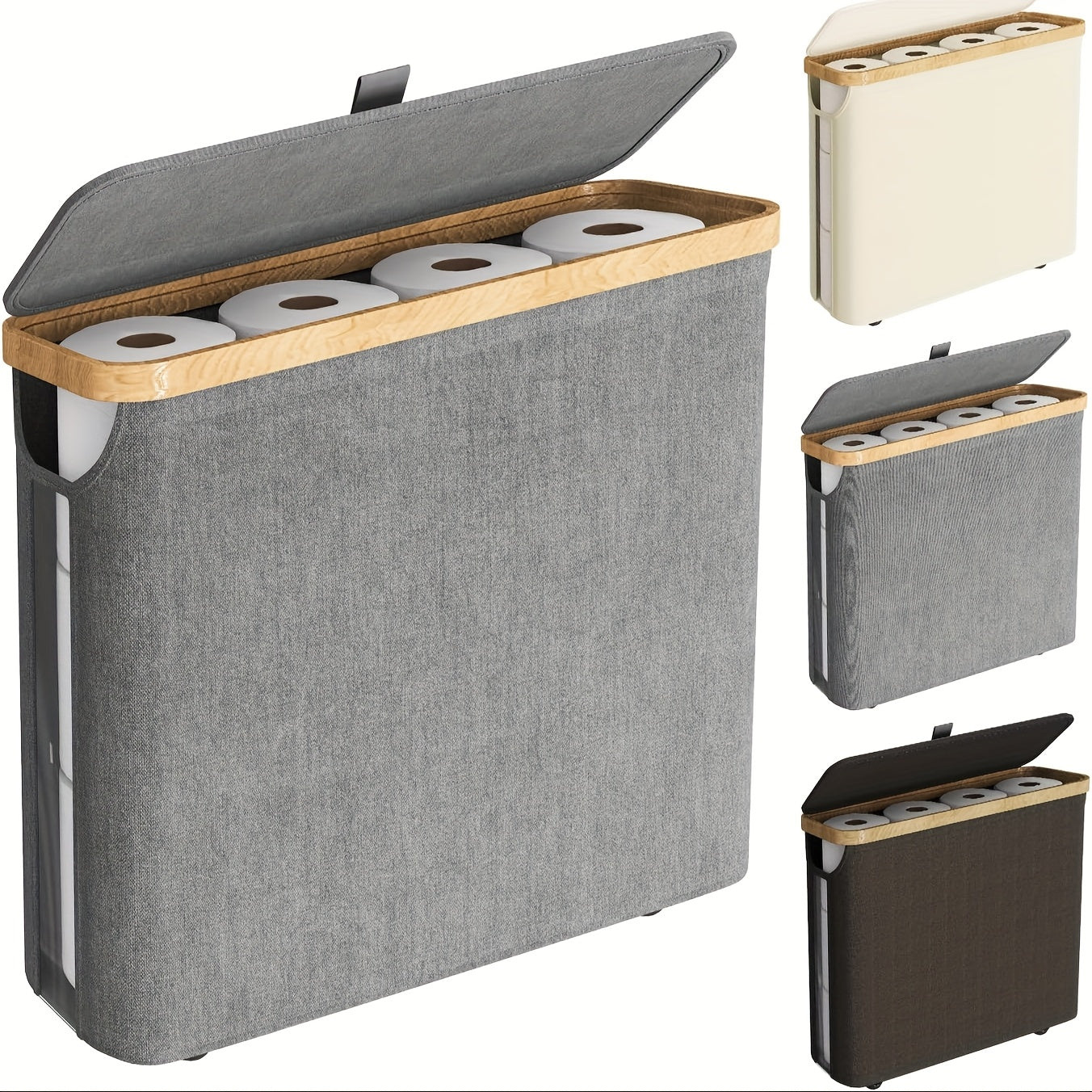 12 Rolls Bamboo Toilet Paper Holder with Lid - 30L Capacity, Modern Fabric Storage Basket for Bathroom, Kitchen, or Office, Multi-Purpose Organizer with Handle, Bathroom Organizer|Sleek Toilet Paper Holder|Durable Bamboo Mate