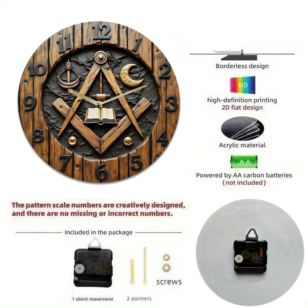 Masonic/Architect's Square-Themed Wall Clock Featuring Large Black Hands And Golden Numbers - Silent with No Ticking Sound, Includes Masonic Symbols (Compass, Square, Trowel) - Battery-Operated (AA Batteries Not Included)