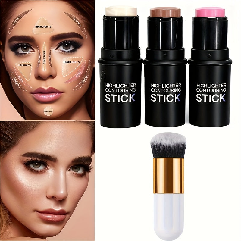 4 PCS Set  Contour Stick with Highlighter, Blush, Bronzer & Golden Powder Brush - Waterproof Cream for All Skin Tones, Buildable Coverage, Sculpting & Highlighting for Face - European Formula