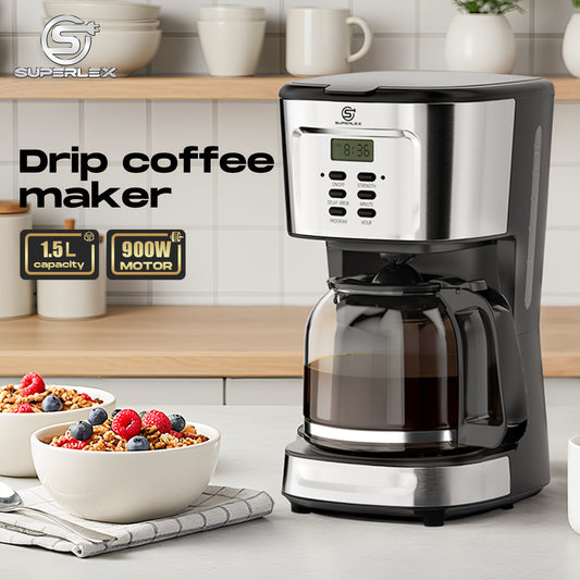 NEW UK Plug  Drip Coffee Maker With LCD Display Delay Brew And Strength Control 900W Precise Temp Auto Shut Off Dishwasher Safe Glass Jug 1.5L