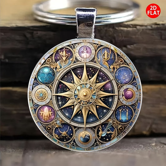 2D Flat Retro Celestial Keychain - Sun, Moon & Stars Design with Zodiac Signs, Fashionable Accessory for Men & Women, Ideal for Bags & Car Keys, Perfect Gift for Thanksgiving, Anniversaries & Holidays, Celestial Theme, Metall