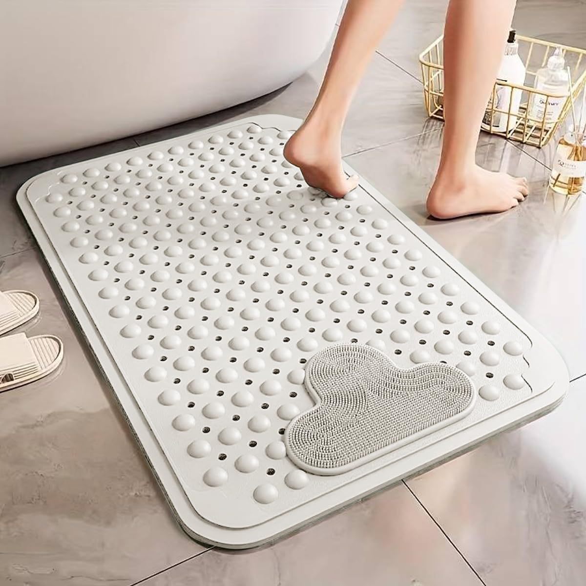60x90cm Green Blue Cream and Gray Color Foot Massager – Textured Shower Mat with Suction Cup Backing, Drain Holes, and Easy-Clean Surface Bathroom Accessories