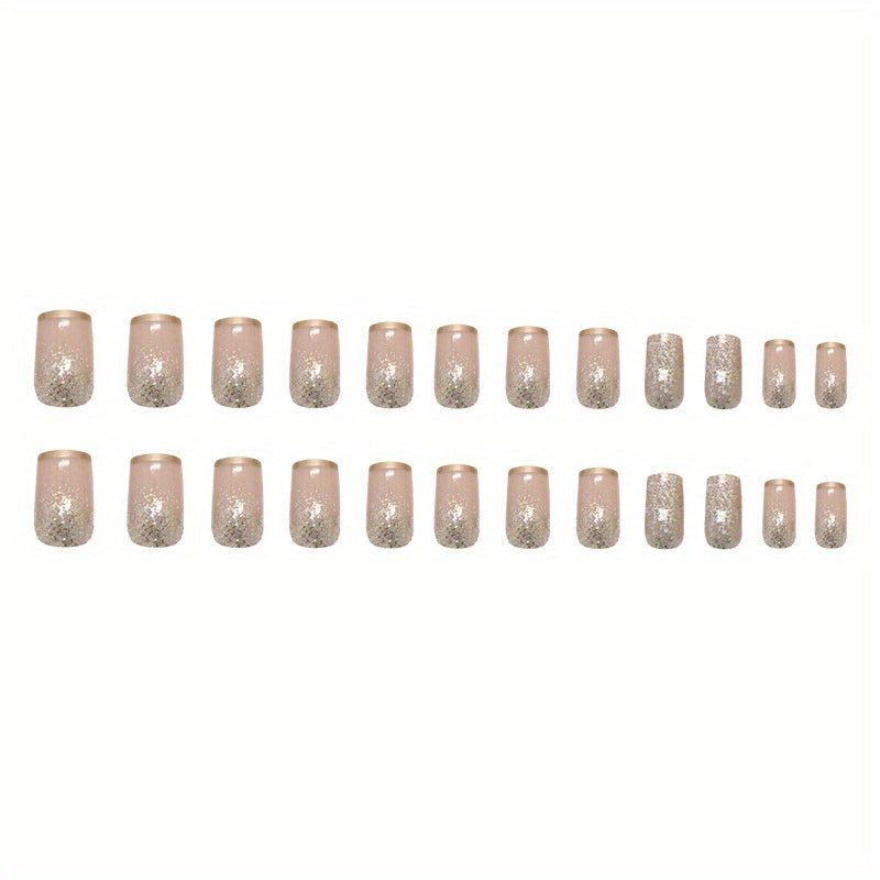 24 PCS Set Upgrade Your Look of Short Square Nail Art Wearable Nails French Style Simple Design Shiny False Nails Extended Removable Nails with Jelly Glue 1 Nail File 1