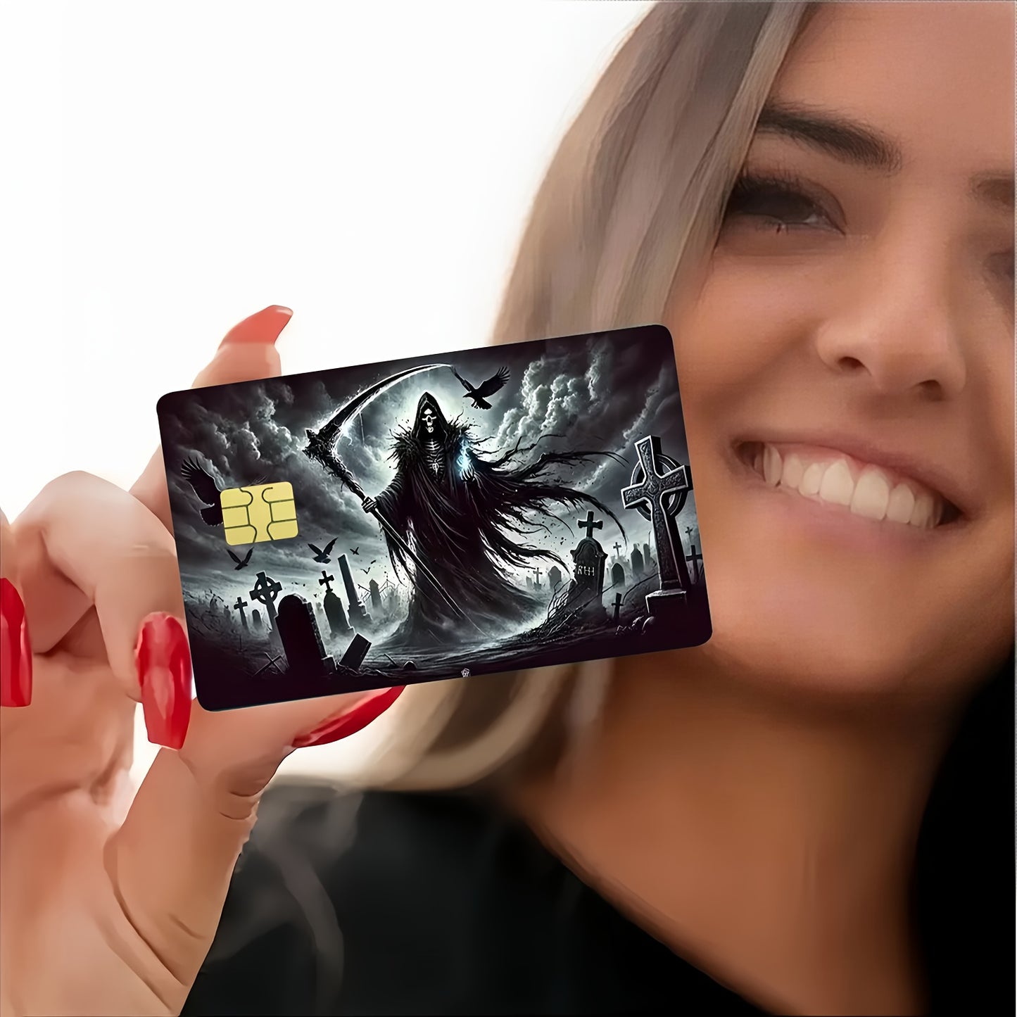 2 PCS Set Horror Death Scythe Pattern Credit Card Skins | Waterproof, Ultra-Thin, High-Quality, Scratch-Resistant, Self-Adhesive, Ideal for Credit, Bank, and Bus Cards, Perfect Gift for Friends, Plastic