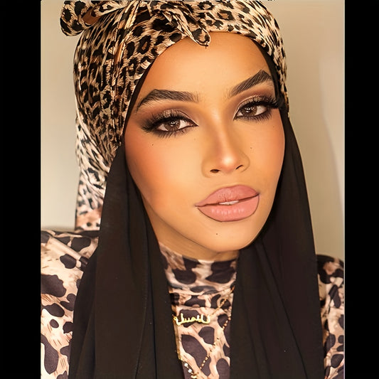 4 Colors Women's Elegant Leopard Luxury Headscarf - Extra Long 90cm Non-Stretchy Scarf Shawl, Luxury Satin-like Texture for Formal & Everyday Outfits - Multi-Way Wear Head Covering, Neck Wrap, Shoulder Wrap - Available in Bla