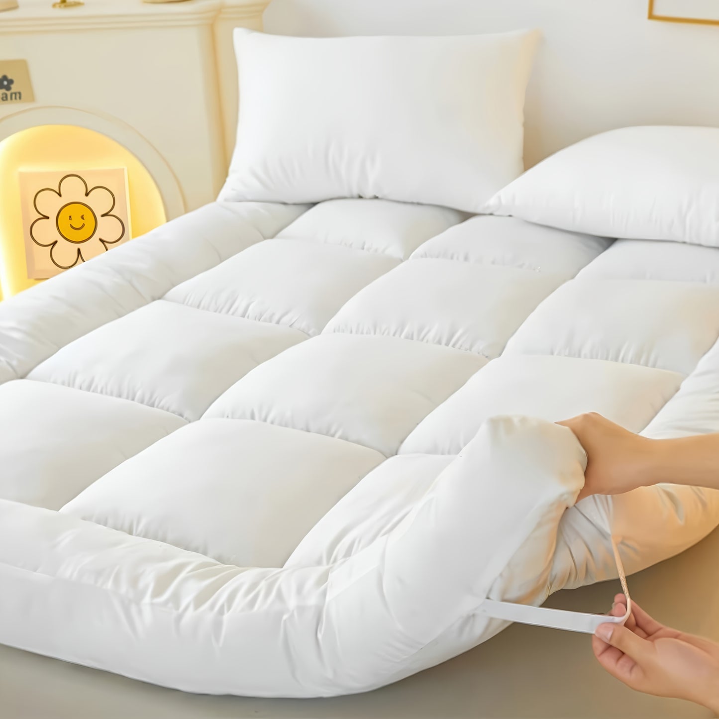 1pc Extra Thick Mattress Topper, Overfilled with 10cm/ 4Inch Microfiber Filling with Deep Pocket, Plush Soft Pillow Top Mattress Topper Anti-Shift & Even Weight Distribution Single/Double/King/Super King All UK Bed Sizes