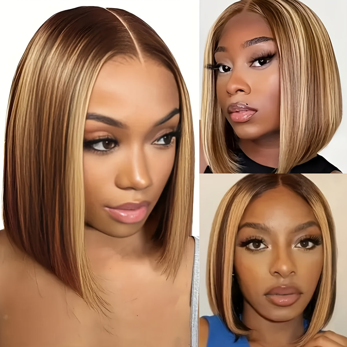 Short Bob Wig for Women & - Natural-Looking Body Wave Synthetic Hair with Golden Brown/Blonde/Beige/Brunette Ombre, Heat-Resistant Fiber & Breathable Mesh Cap, Middle Part Short Cut Wig for Daily Wear, Suits All Beige Tones