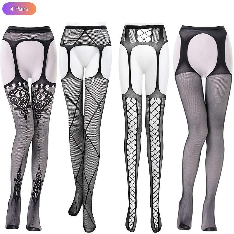 4-Pack Sexy Hollow-Out Fishnet Pantyhose Set, Women'S Breathable Elastic Garter Belt Hosiery, Floral Knit Polyamide 95% Elastane 5% for Wedding Theme