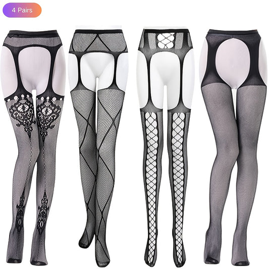 4-Pack Sexy Hollow-Out Fishnet Pantyhose Set, Women'S Breathable Elastic Garter Belt Hosiery, Floral Knit Polyamide 95% Elastane 5% for Wedding Theme