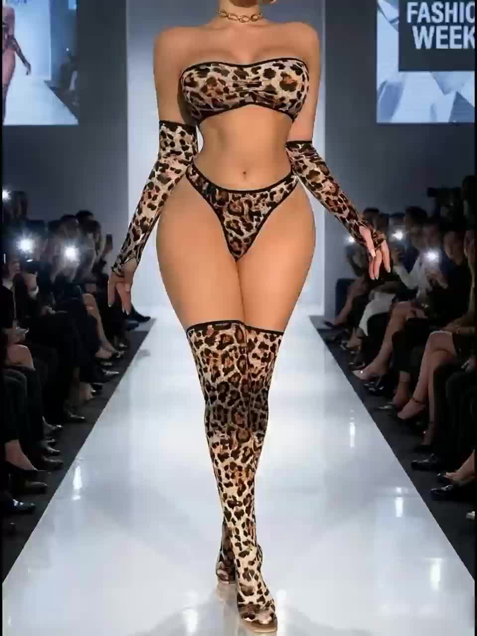 4 PCS Set S-2XL Plus Size Women's Sexy Leopard and White Silky Fiber Fabric Patchwork Playful Bodystocking Lingerie Set, with Arm Sleeves and Pantyhose Ladies Lingerie Apparel Sets