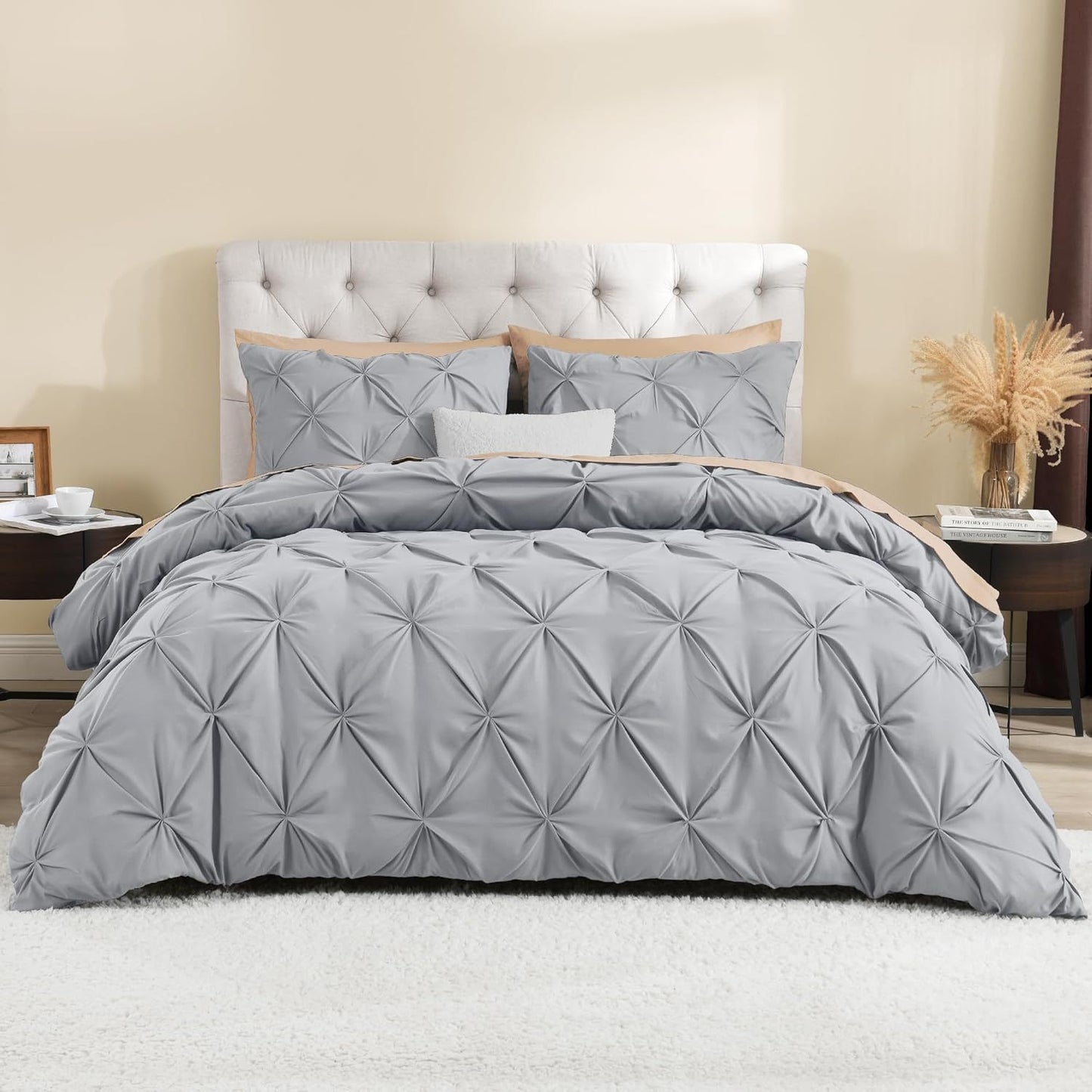 3 PCS Set 5 Colors Charcoal, Pink*Five Star Hotel* Pinch Pleated Luxury High Quality Duvet Cover Set, Soft Pintuck Bedding Sets with Pillowcases