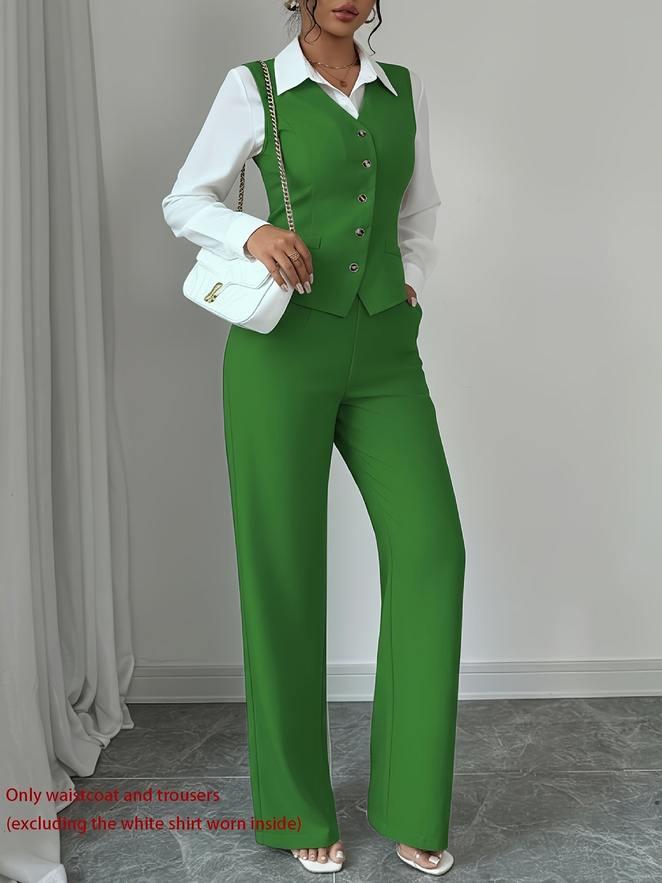 2 PCS Set UK 8-18 Size 5 Colors New Summer Women's Casual Elegant Chic Solid Color Sleeveless Single-Breasted Waist-Cinching Vest + High-Waist Wide-Leg Pants