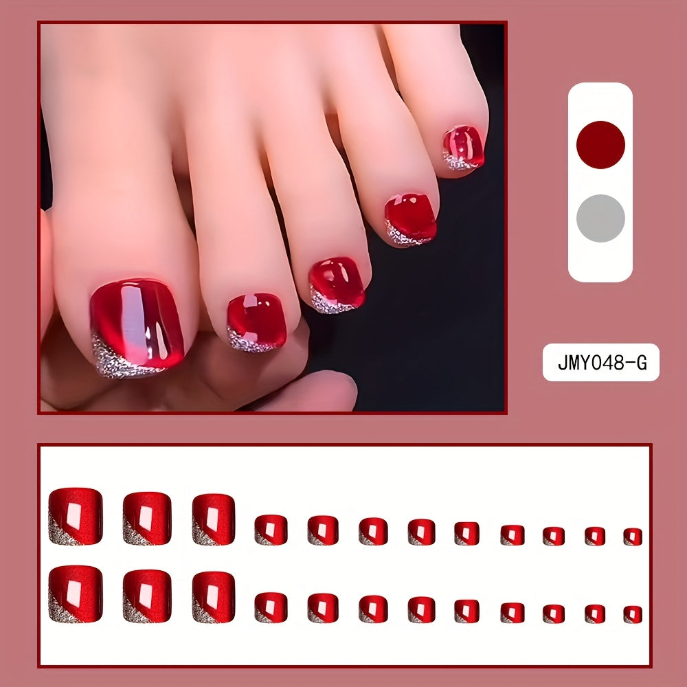 24 PCS Set Glossy Toe Nails Press On Nails Red Cat's Eye Glitter Stripe Fake Nails Artificial Toenail Manicure False Nails