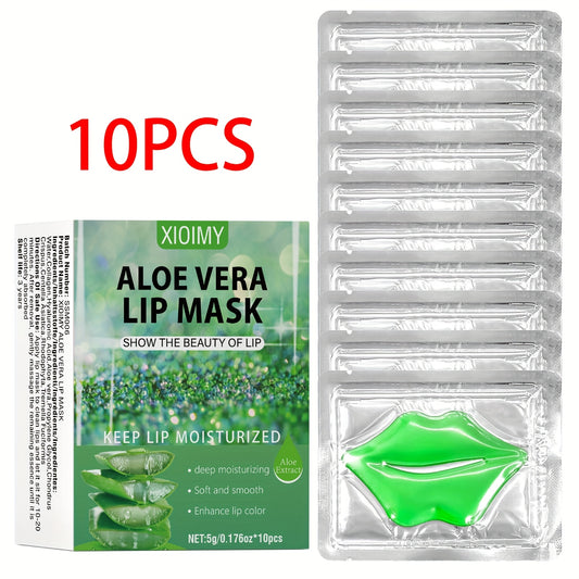 10 PCS Set Natural Aloe Vera & Collagen Lip Masks for Women - 30-Minute Deep Hydration, Plumping & Moisturizing with Aloe Essence, Collagen & Vitamin C, Soft Adhesive Film for Smooth Lips