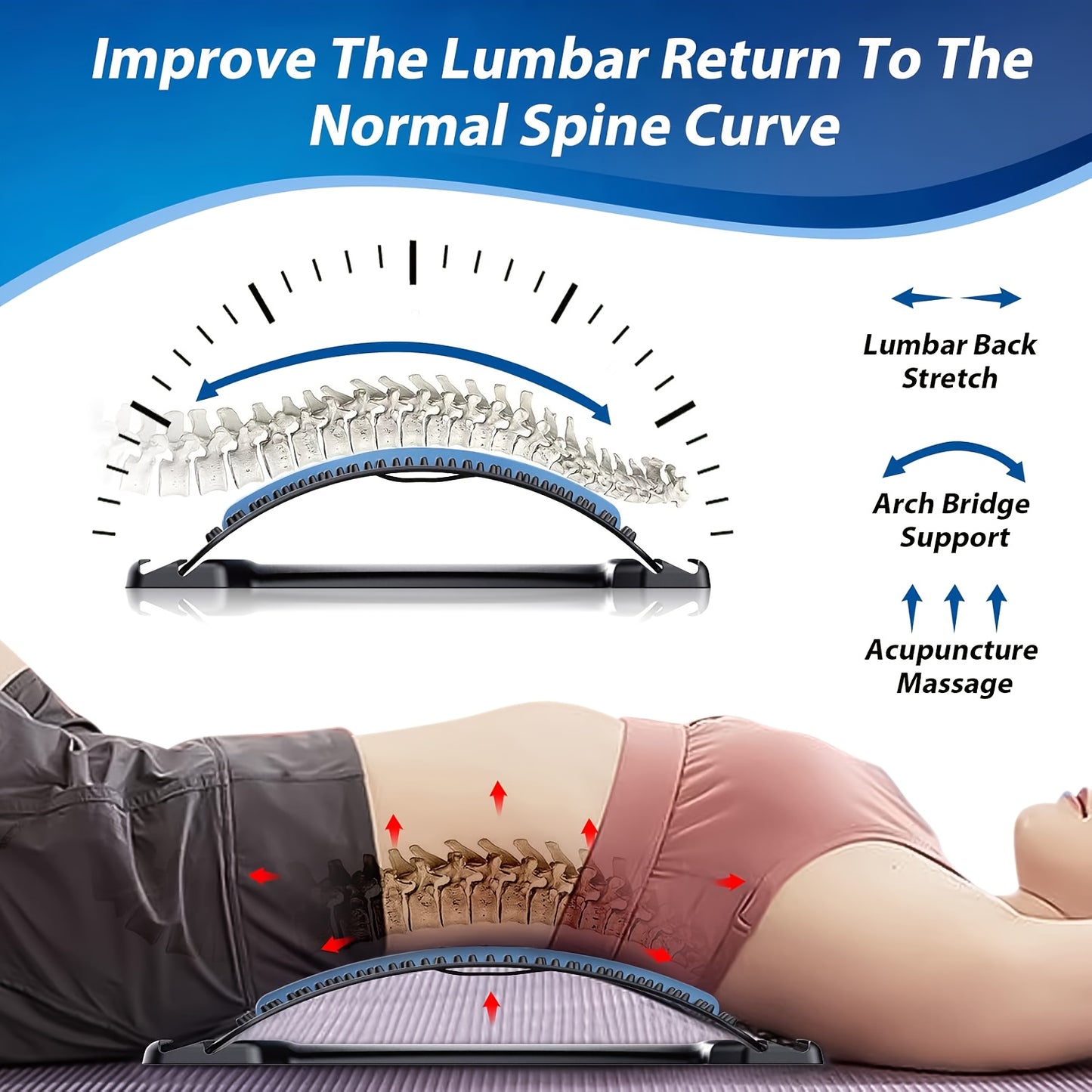 NEW 3-Level Adjustable Back Stretcher & Posture Corrector | Ergonomic Lumbar Support with Massage Function, Secure Grip Handles, for Upper & Lower Back, Office, Car, Home Use, Durable PP Construction.