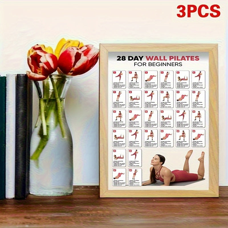 3 PCS Set Home Gym Pilates for Beginners: 28-Day Workout Planner with Step-by-Step Illustrated Exercises - Frameless Yoga Guide Suitable for Home Gym, Studio, Bedroom - Detailed Pilates Routines & Progress Tracker for New Cli