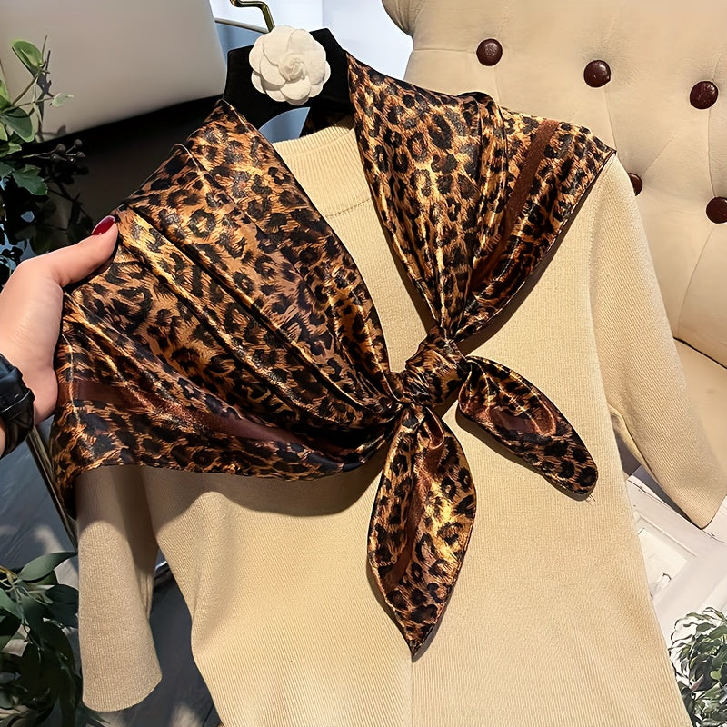 4 Colors Women's Elegant Leopard Luxury Headscarf - Extra Long 90cm Non-Stretchy Scarf Shawl, Luxury Satin-like Texture for Formal & Everyday Outfits - Multi-Way Wear Head Covering, Neck Wrap, Shoulder Wrap - Available in Bla