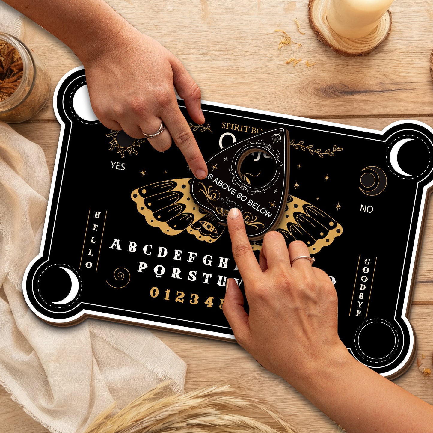 4 PCS Set Wooden Ouija Board Set - Mystical Psychic Device with Butterfly Core, Wooden Tabletop Divination Kit, Mysterious Farmhouse Decor, Suitable for Divination, Meditation, and Fortune Telling. No Batteries Required/Easy