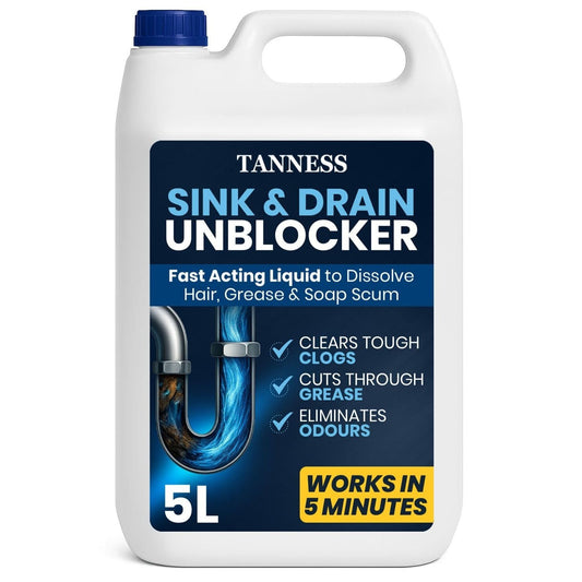 5 Liters Drain Un-Blocker - Heavy Duty Sink & Drain Cleaner for Plug Holes, Toilets, Showers & Pipes - Powerful Toilet & Sink Un-Blocker for Home, Office, Garage & Shops - Cleaning Supplies