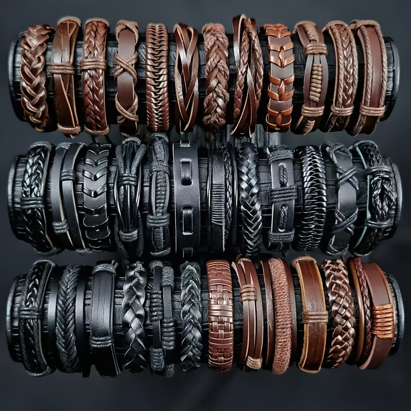 20pcs Handwoven PU Leather Bracelet Set Suitable for Men - Adjustable Retro Bracelets, Handmade for - Wear, Christmas/Halloween/Thanksgiving Gifts (20 Bracelets for Parties, Daily Use & Gifting)
