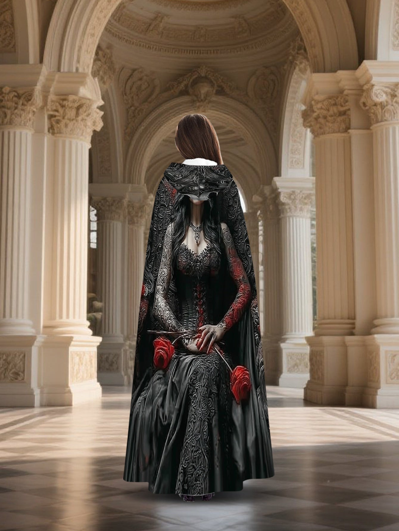 2D Printed Dress-Up Cloak Inspired by Gothic Day of The Dead Queen, Witch-Themed Events, And Festival Party Gifts. for Halloween,  Witchcraft Apparel Clothing Supplies