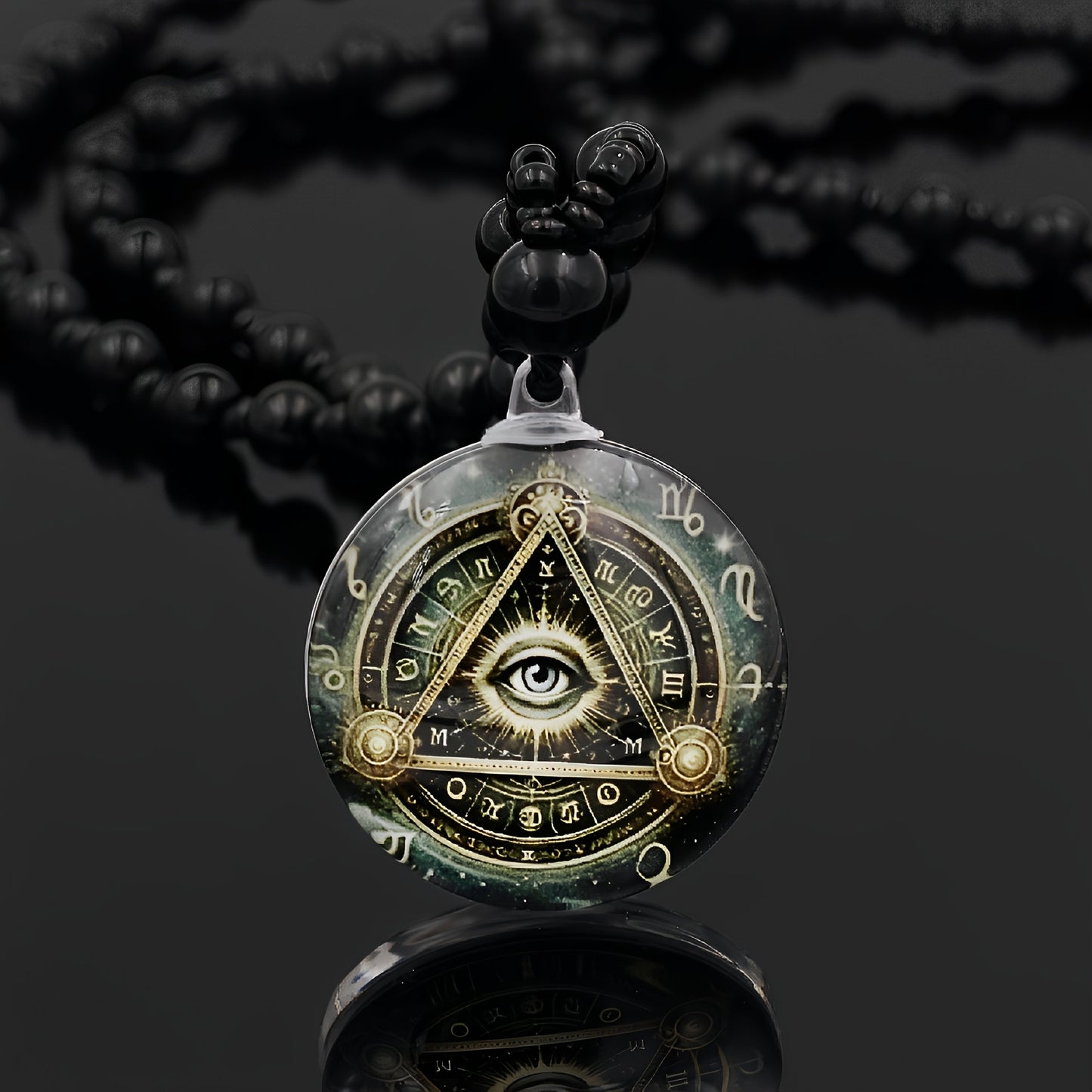 Women Men's Illuminati's Eye of Horus Round Pendant Long Chain Necklace, Glass Beads Rosary Ancient Egyptian Amulet Necklace - Religious Gift