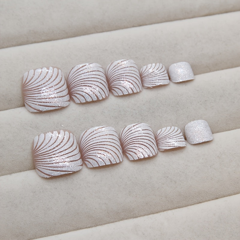 24 PCS Set Glitter Shell Pattern Press-On Fake Toenails Nail Art Stickers Women Manicure Pedicure Accessories