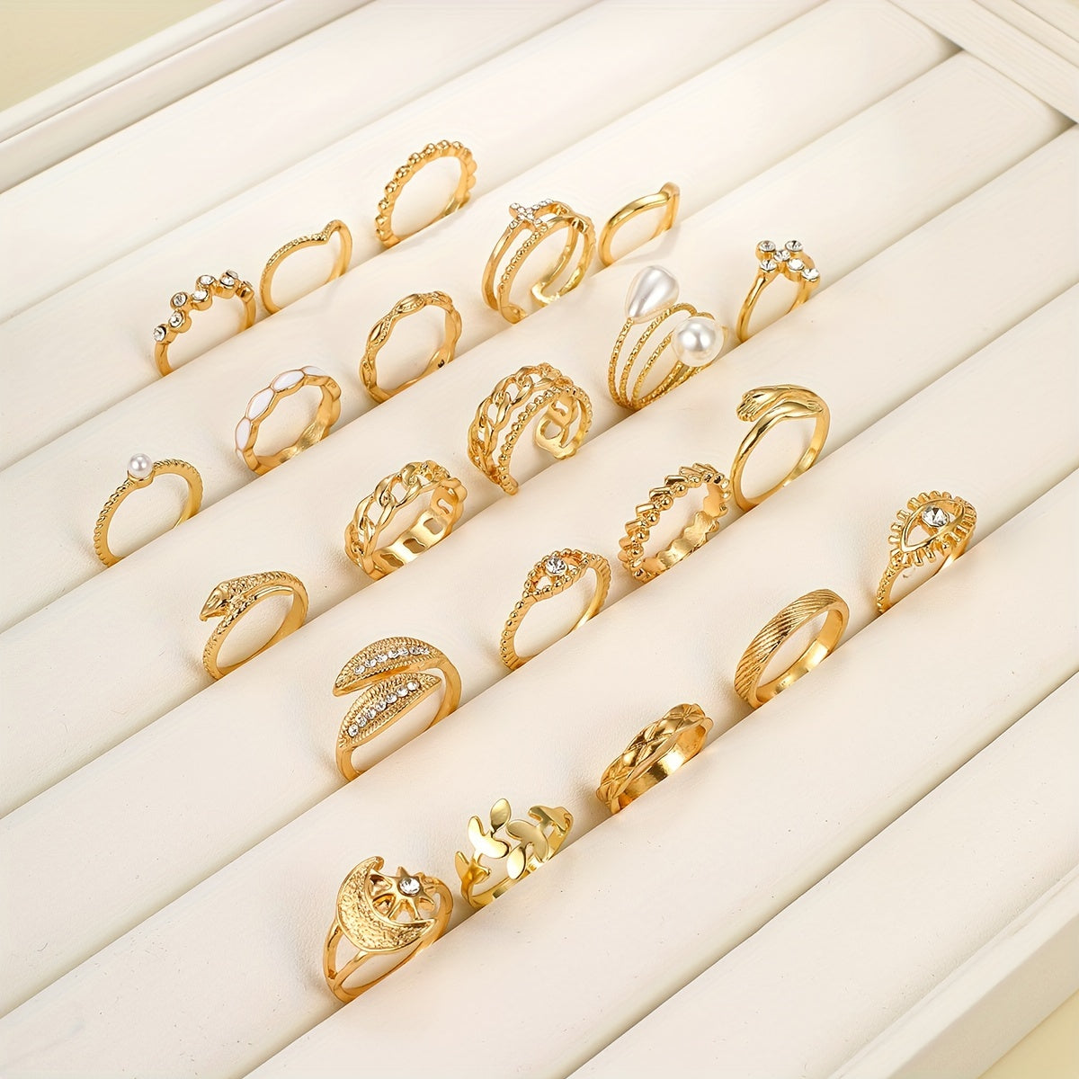 22 PCS Set Stylish Vintage Rings Featuring Leaves, Eyes, Moons, Crosses, Rhinestones, And Faux Pearls, Perfect for Parties, Dates, And Everyday Wear