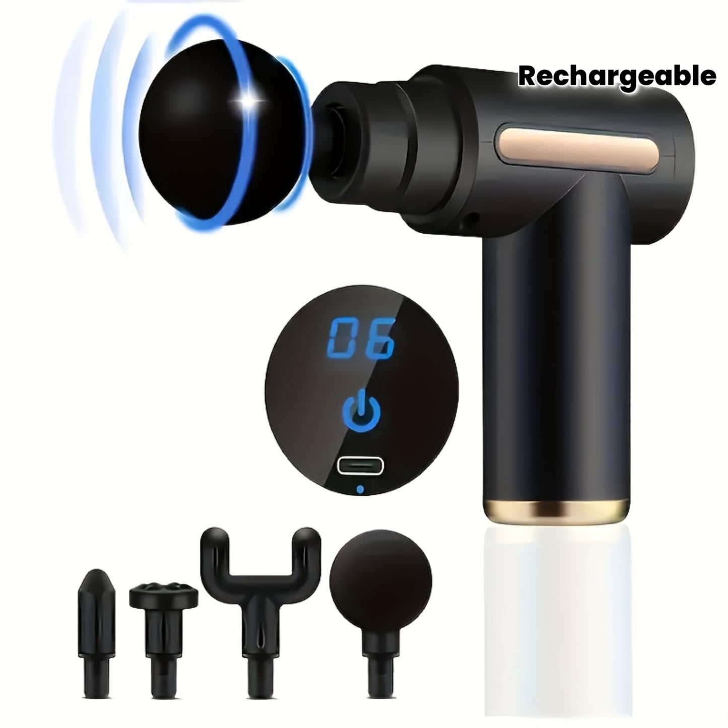 4-Head Interchangeable Massage Gun, 6 Adjustable Levels, LCD Display, Low Noise, USB Rechargeable, Perfect Holiday Gift!