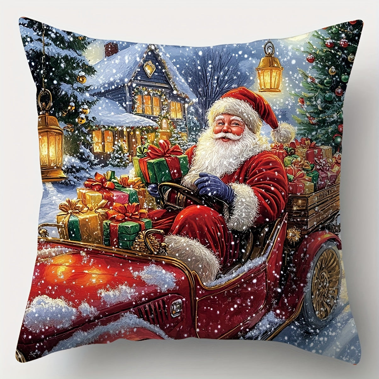 4-Piece Christmas Throw Pillow Covers Set, Contemporary Style, Hand Wash Only, Zipper Closure, Woven Polyester, Santa Claus, Christmas Tree, Sled, Reindeer Printed Cushions for Living Room Decor, 45.01cm