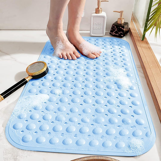 Large Shower Mat – Light Blue/Crystal/White Color Non-Slip, Strong Suction Cups & Drain Holes, Quick-Dry, Machine Washable, Durable & Comfortable for Bathtub and Bathroom Floor Use