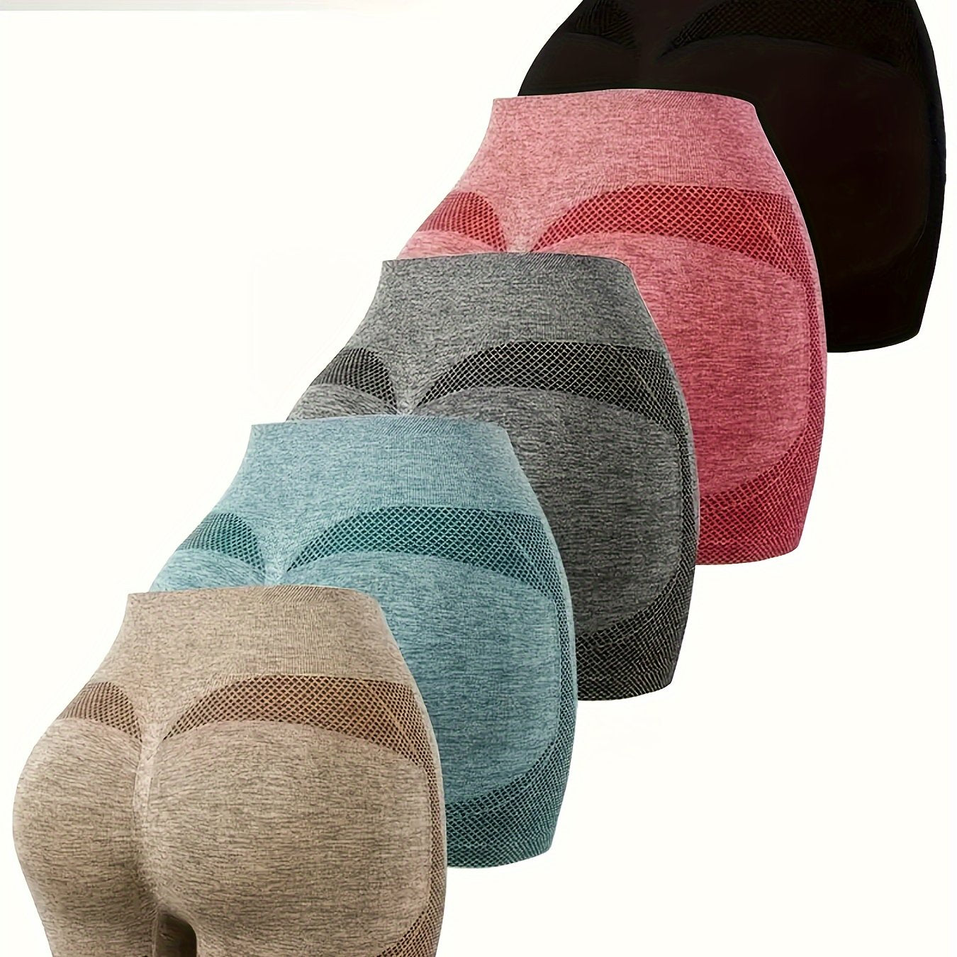 5 PCS Set Women's High-Waisted Yoga Shorts - Tummy Control Butt Lifting Underwear, Breathable Nylon/Elastane Blend Workout Leggings, Multi-Color (Pink/Black/Teal/Beige/Brown) - Gym, Pilates & Casual Attire