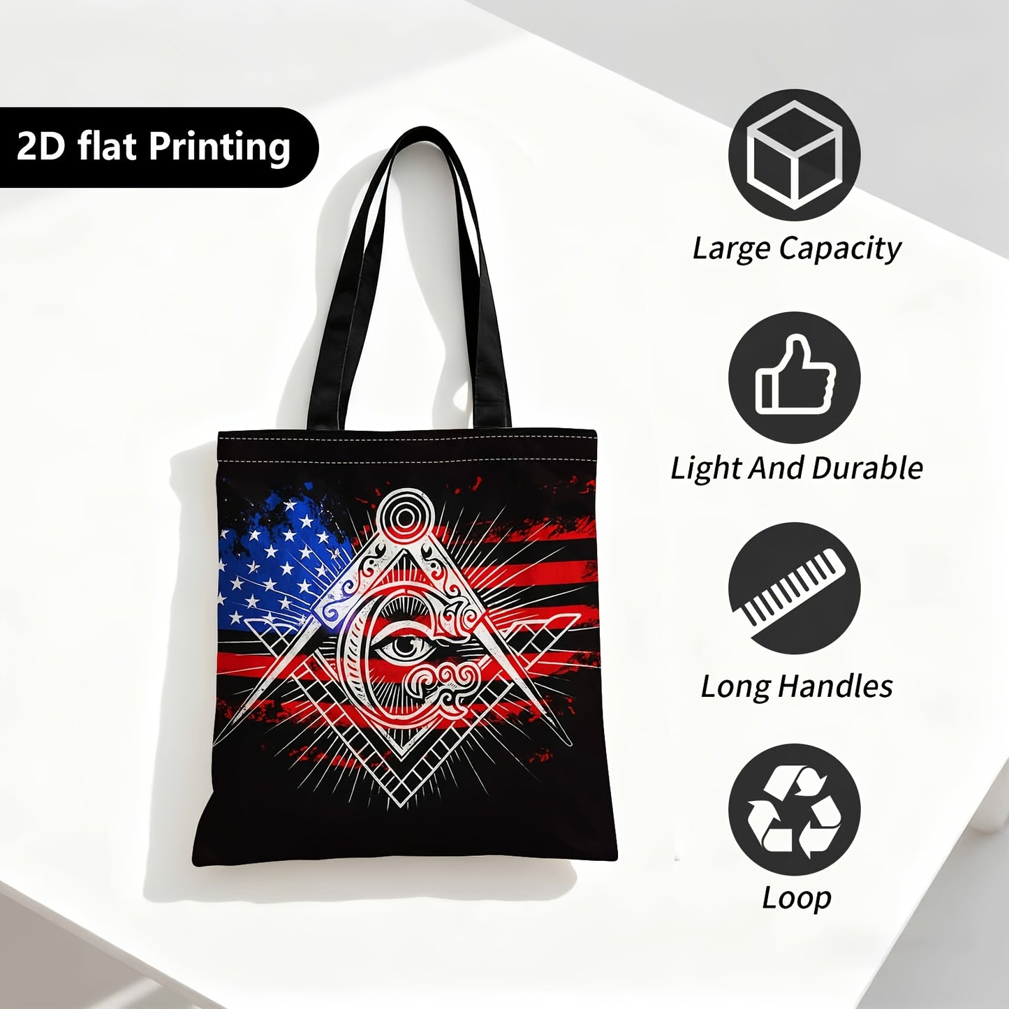 Spacious Tote Bag for Women, Perfect as a Versatile Everyday Carryall for Work, Masonic Symbol, American Flag, Illuminati Eye,Grocery Shopping, Beach Day, and Casual Weekend Outings.