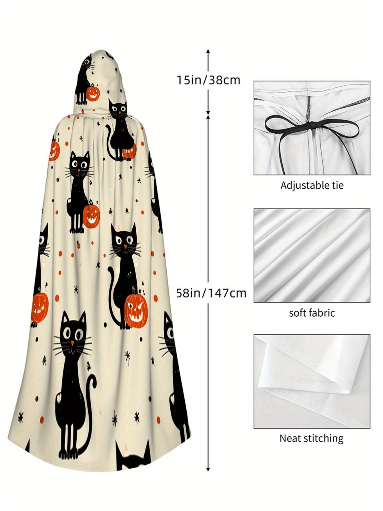 All-Season Witchcraft Halloween Hooded Cape Costume - Black & White Print with Witch Hat, Loose-Fit Witch/ Costume Accessory for, Machine Washable (Halloween Party Outfit, Carnival Cosplay Masquerade)
